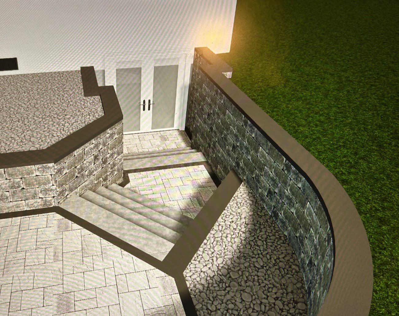 Computer rendering of a front entry hardscape design for a Central New York home with curved steps, patio space, and retaining wall layout.