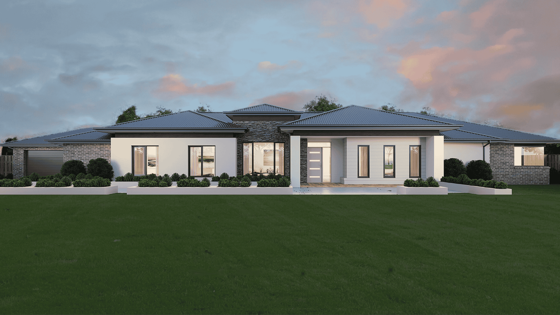 Modern home exterior with structured foundation landscaping design in Central New York