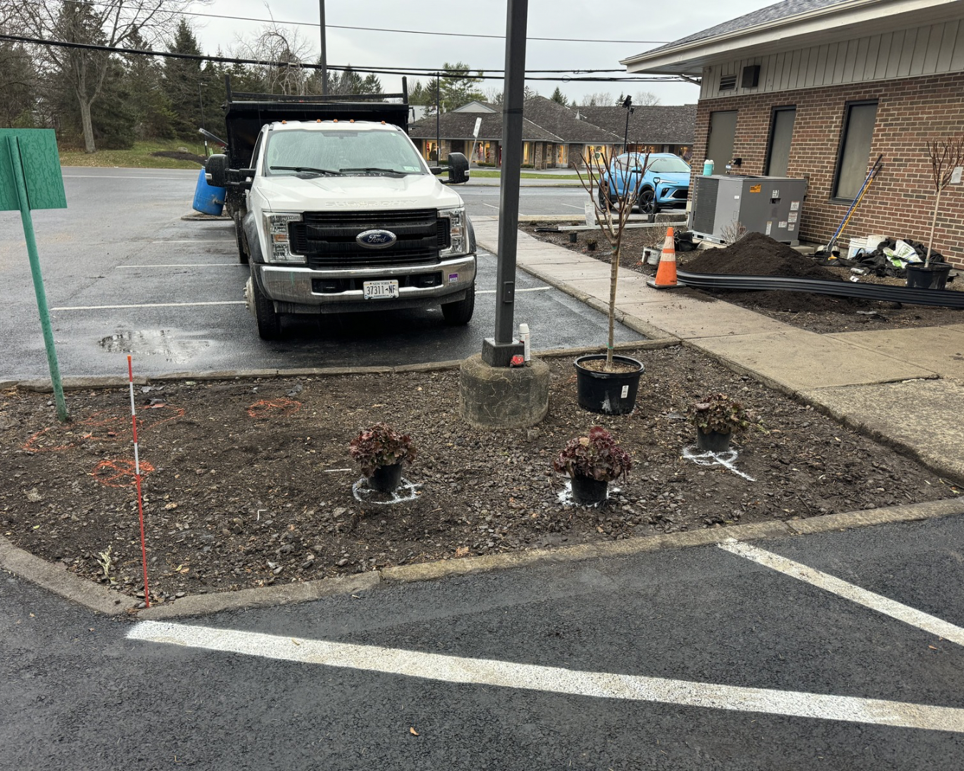 Building edge landscape bed at a Central New York commercial property with fresh mulch and walkway access.
