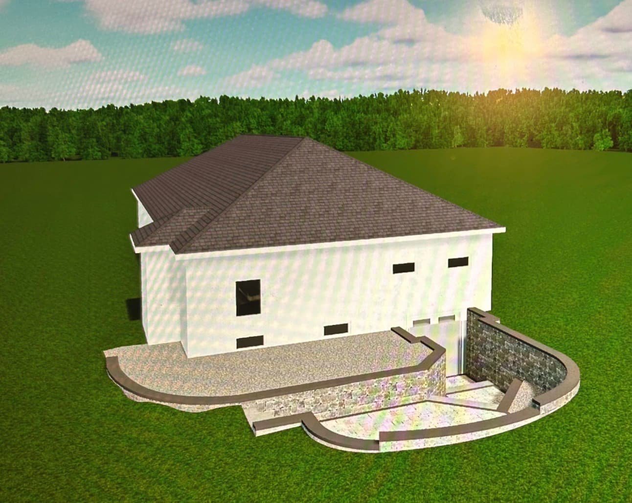 Computer rendering of a side yard hardscape plan for an Upstate New York home with curved patio design and entry walkway.