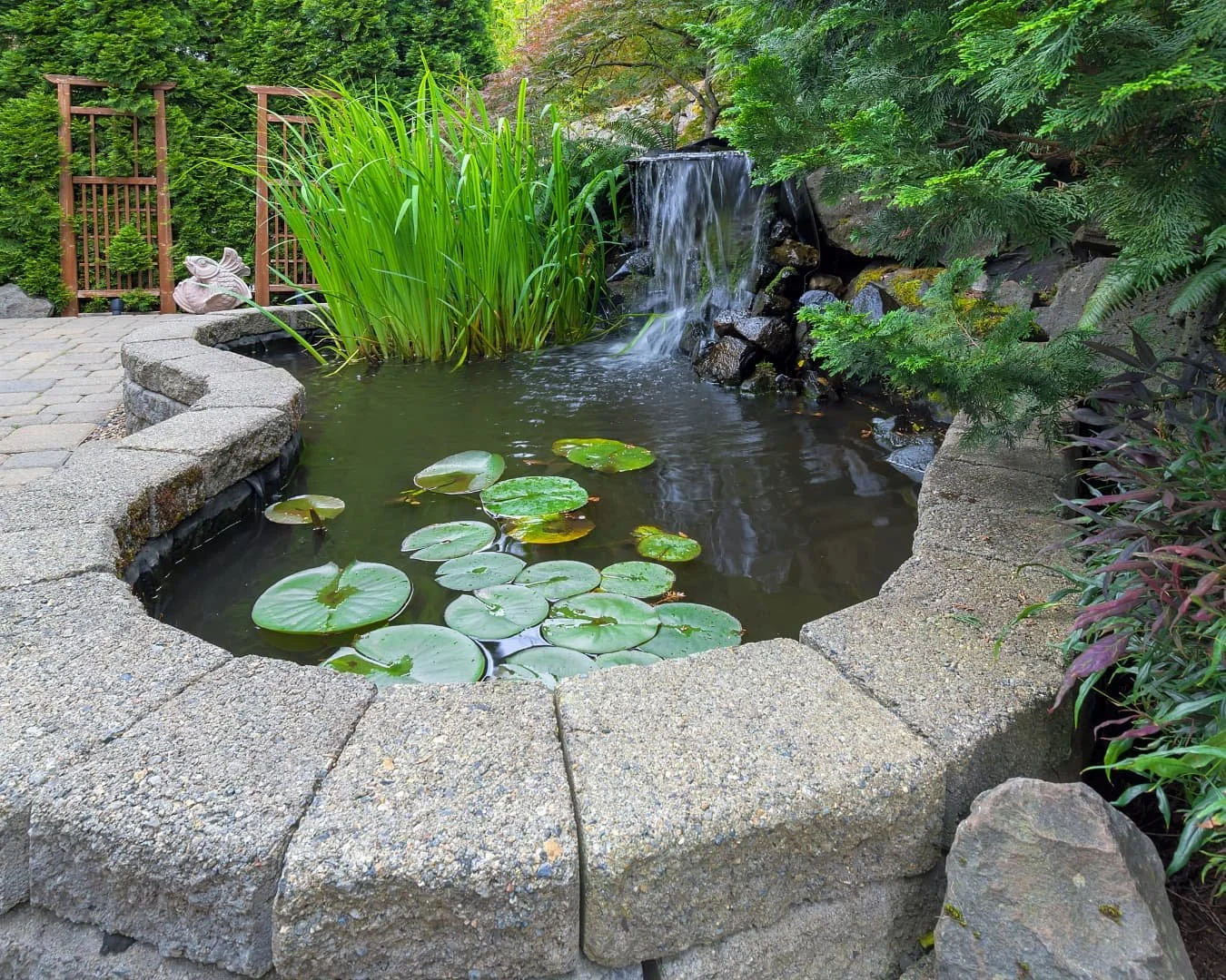 Water feature inspiration with a raised stone pond integrated into a paved outdoor setting.