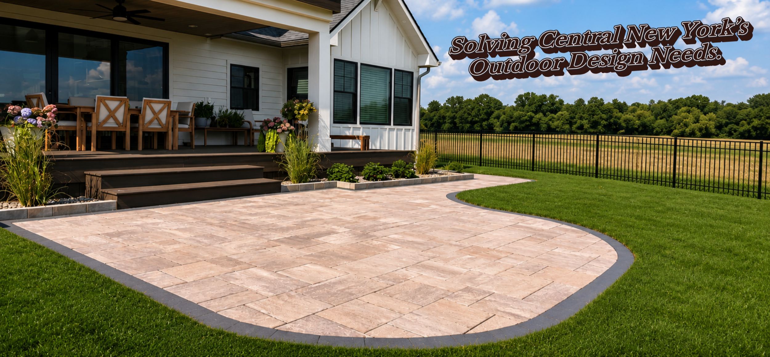 Custom paver patio and professionally landscaped backyard designed by Pines and Pavers in Central New York.