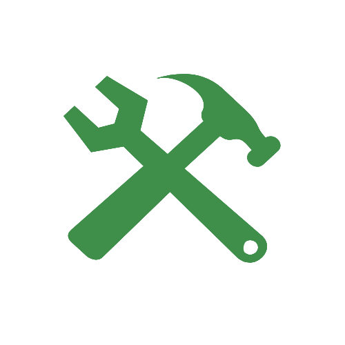 Green wrench and hammer crossed on a black background.