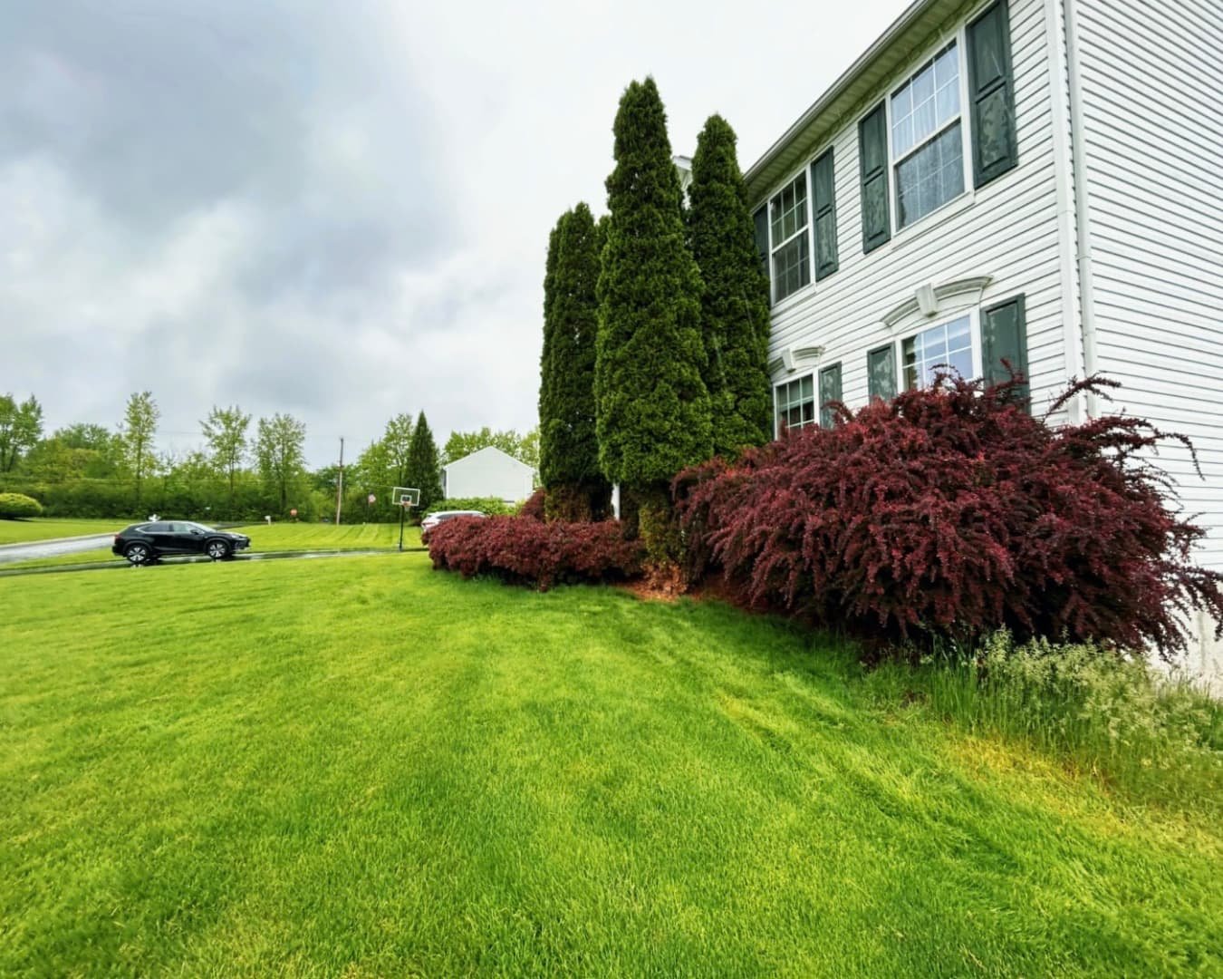 Wide lawn and landscape view at an Upstate New York property with formal outdoor design features.