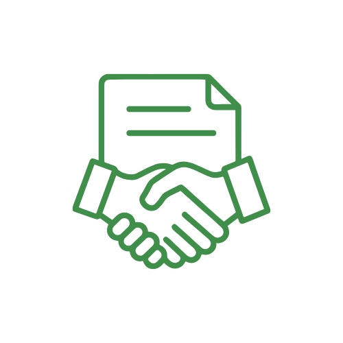 Icon graphic of two hands shaking with a document above them