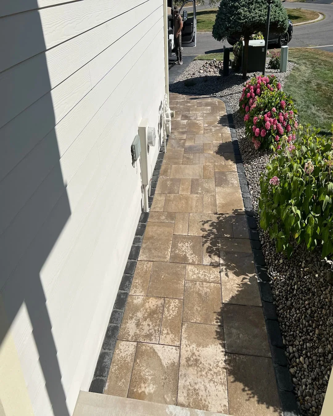 Tan paver front walkway completed by Pines and Pavers in Upstate New York.