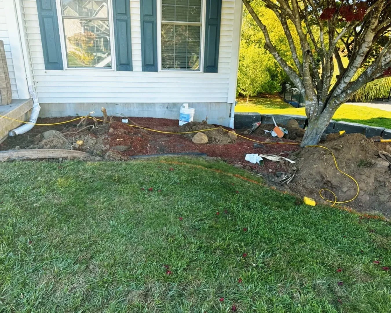 Tree ring landscape bed at an Upstate New York home with fresh mulch and a clean circular edging detail.