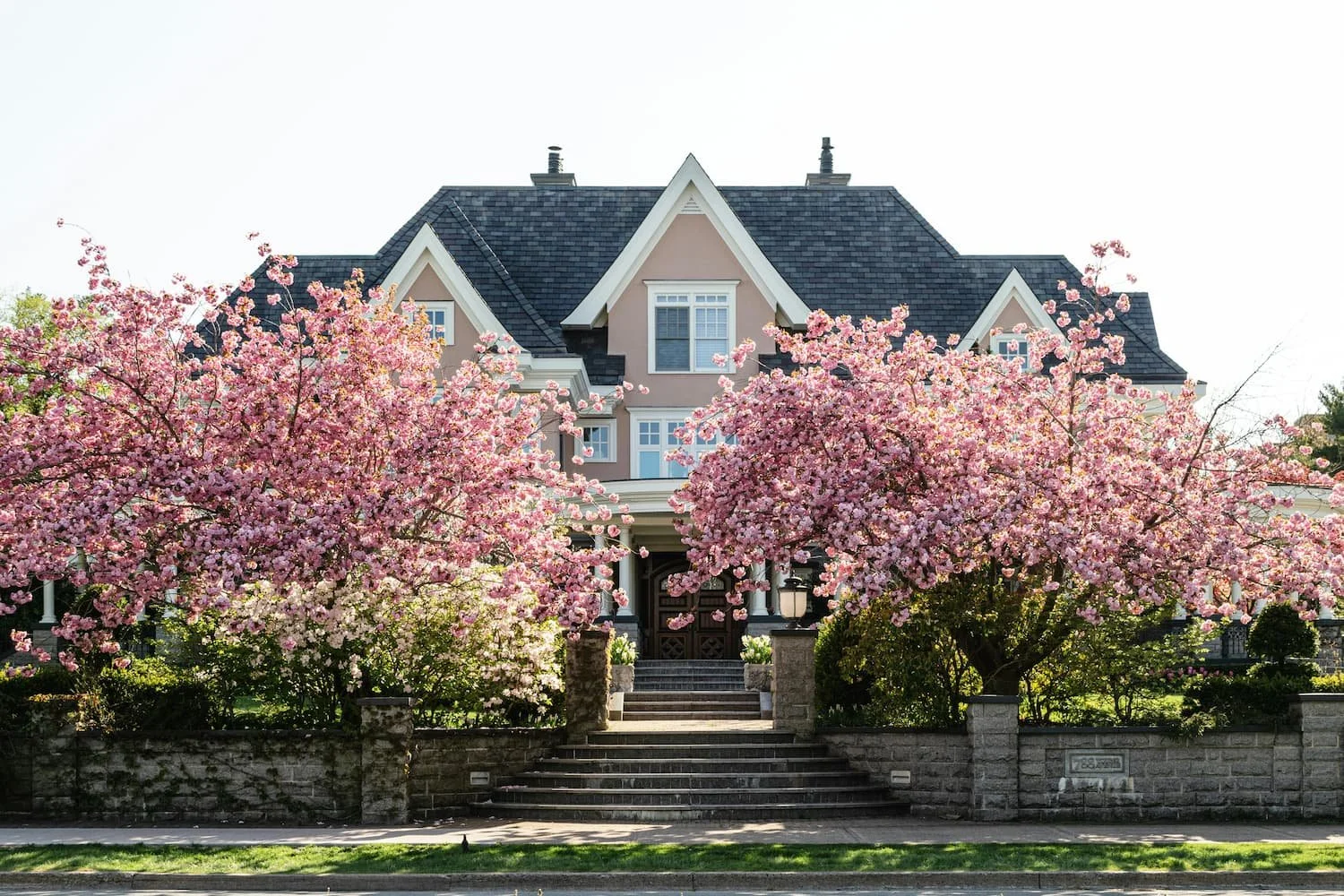 Pink flowering trees and landscaped front yard adding spring curb appeal to a residential home in Central NY.