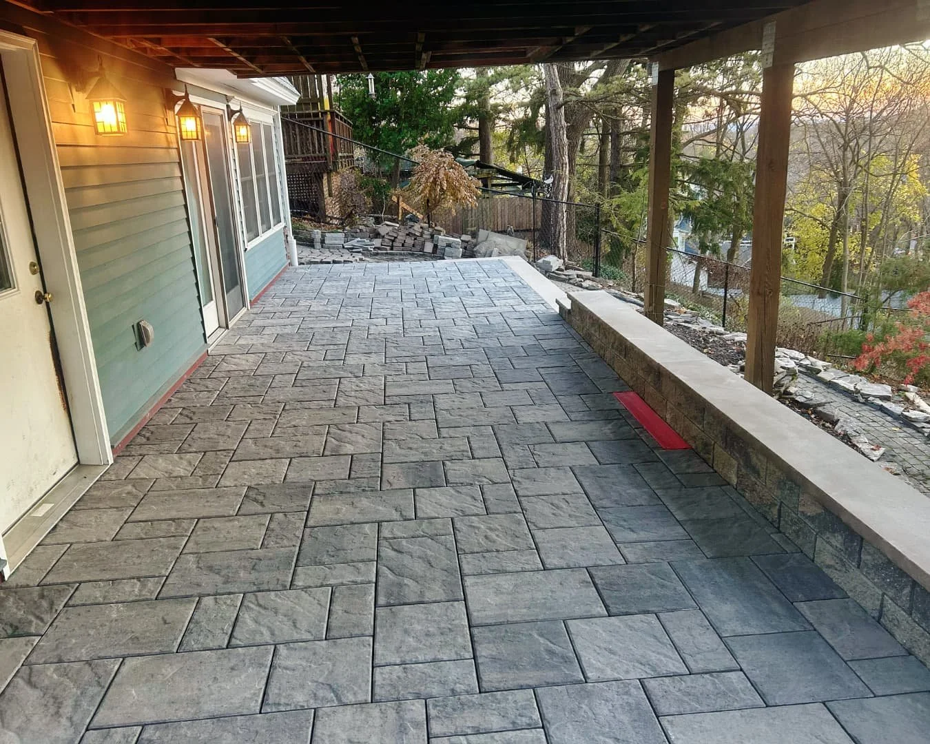 Close-up of stone patio and step detail completed by Pines and Pavers in Central New York.