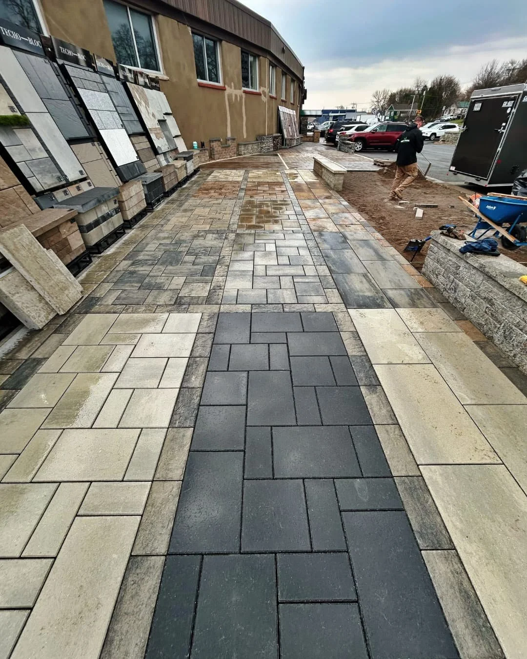 Layout marking and measurement process for the Paragon Supply Techo-Bloc display by Pines and Pavers.