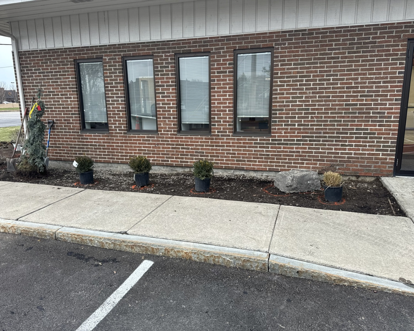 Front landscaping at a Central New York bank branch with updated beds and a clean professional appearance.