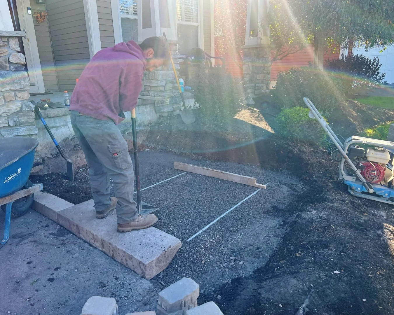 Front entry step installation in progress by Pines and Pavers in Skaneateles Falls, New York.