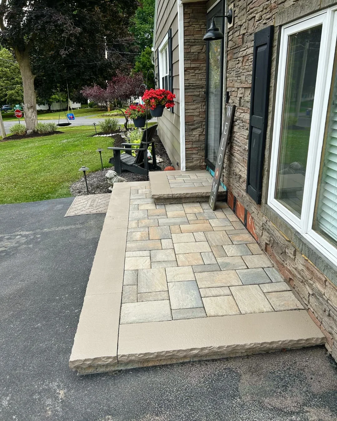 Completed entry paver patio by Pines and Pavers in Camillus, New York.