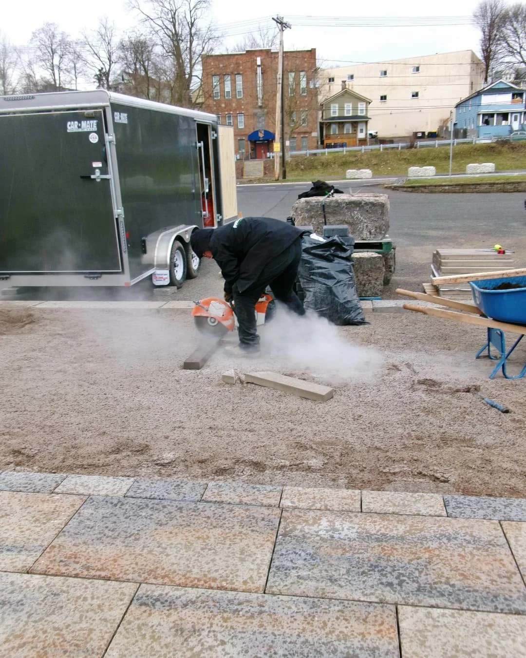 Construction progress on the Paragon Supply Techo-Bloc display by Pines and Pavers.