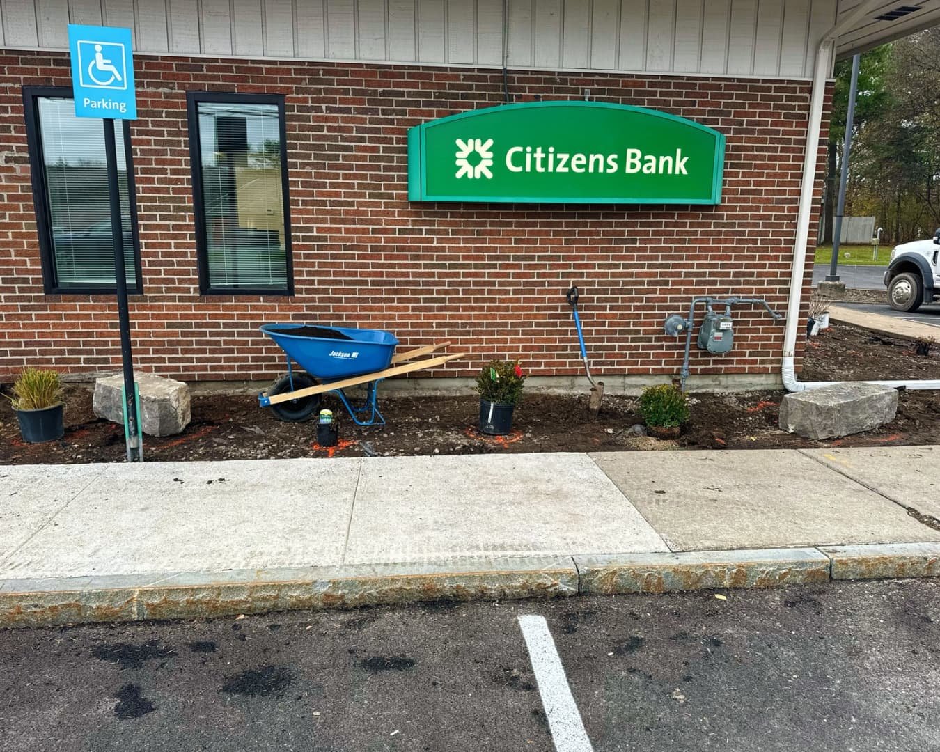 Site preparation and planting at Citizens Bank by Pines and Pavers in Cicero, New York.