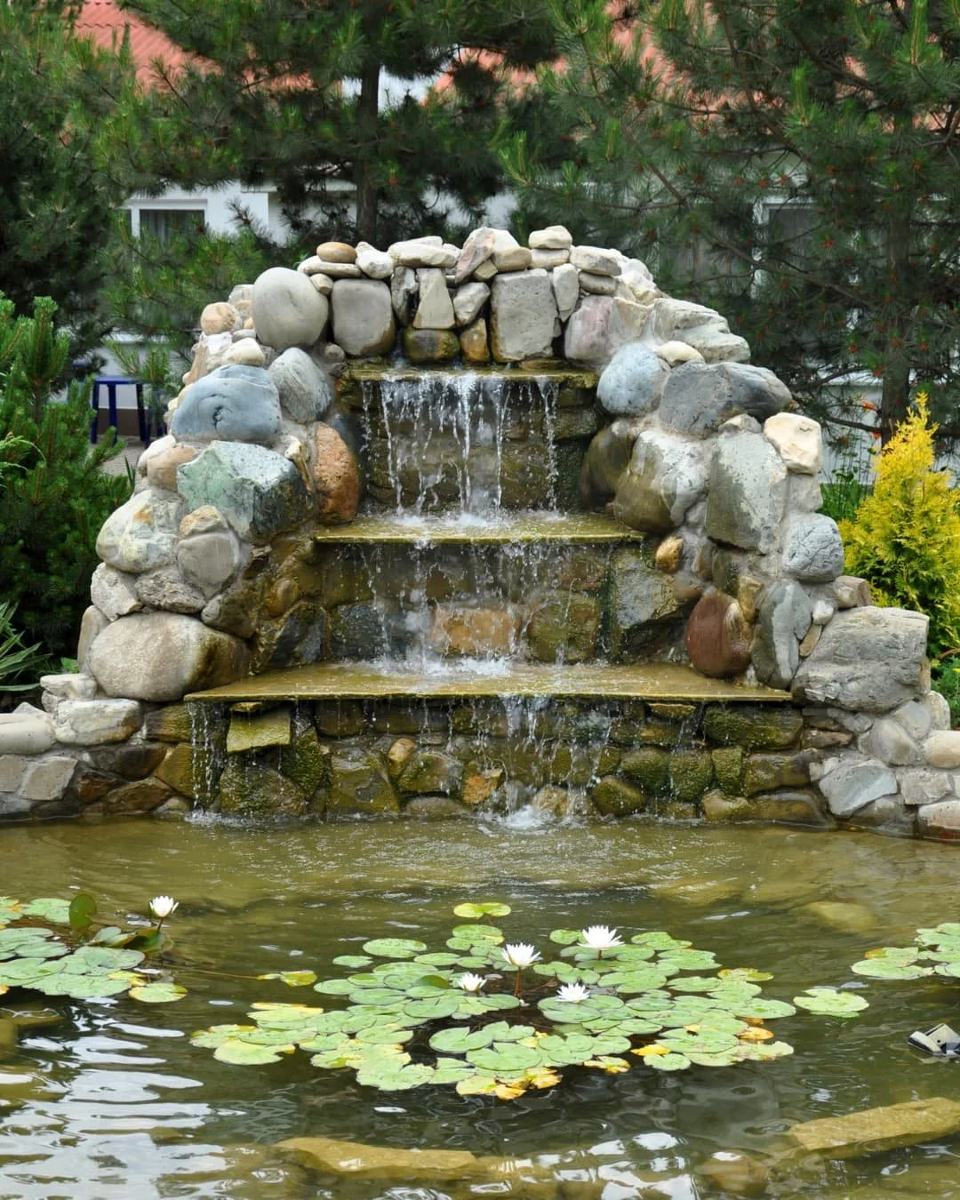 Water feature inspiration with a stone waterfall feeding into a pond with water lilies.