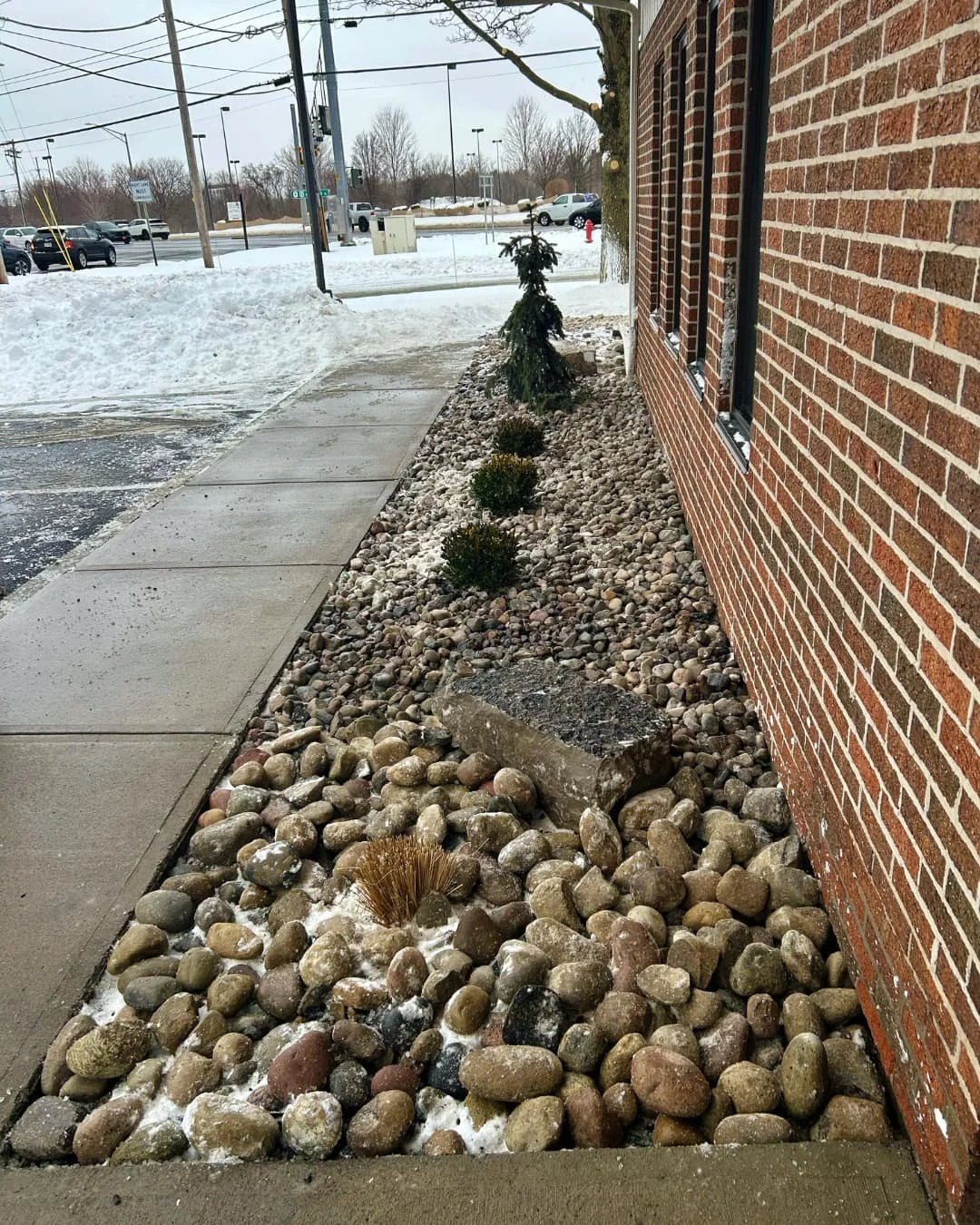 Foundation planting bed with river rock at Citizens Bank completed by Pines and Pavers in Cicero, New York.