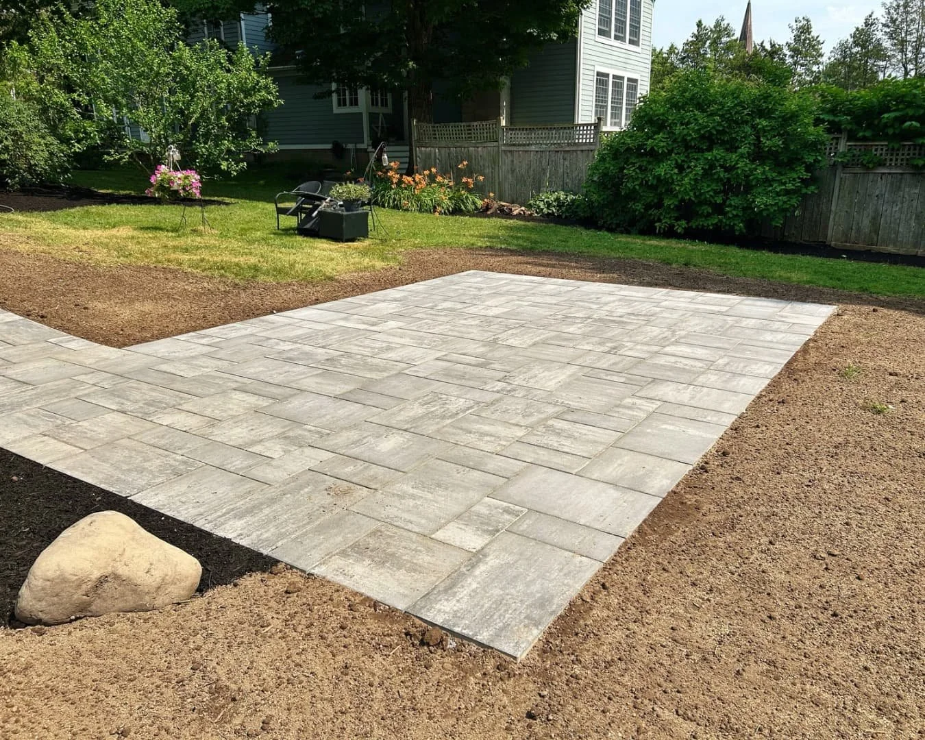 Completed paver pad and patio area by Pines and Pavers in Cazenovia, New York.
