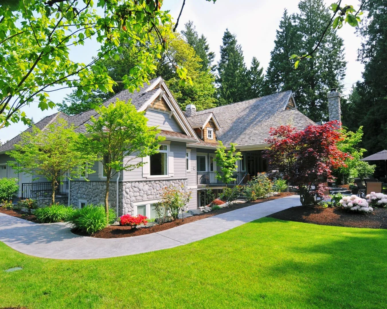 Landscape framing inspiration with an open lawn bordered by layered trees, shrubs, and curved planting beds.