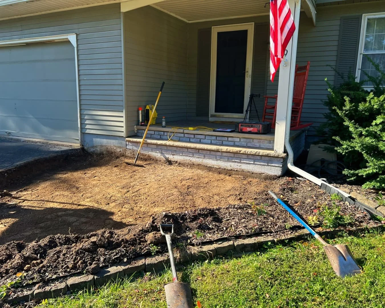 Front walkway base preparation by Pines and Pavers in Skaneateles, New York.