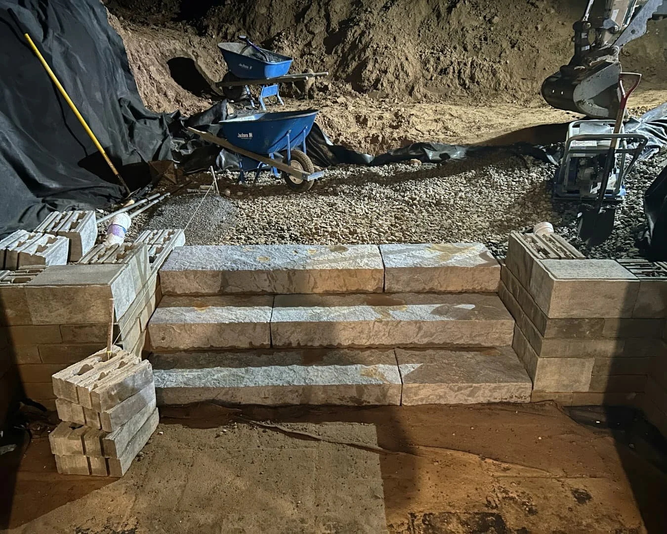 Rear entry step layout in progress by Pines and Pavers in Cazenovia, New York.