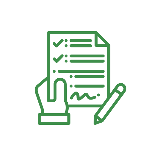 Icon of a hand holding a checklist paper and a pen, representing task completion or form filling.