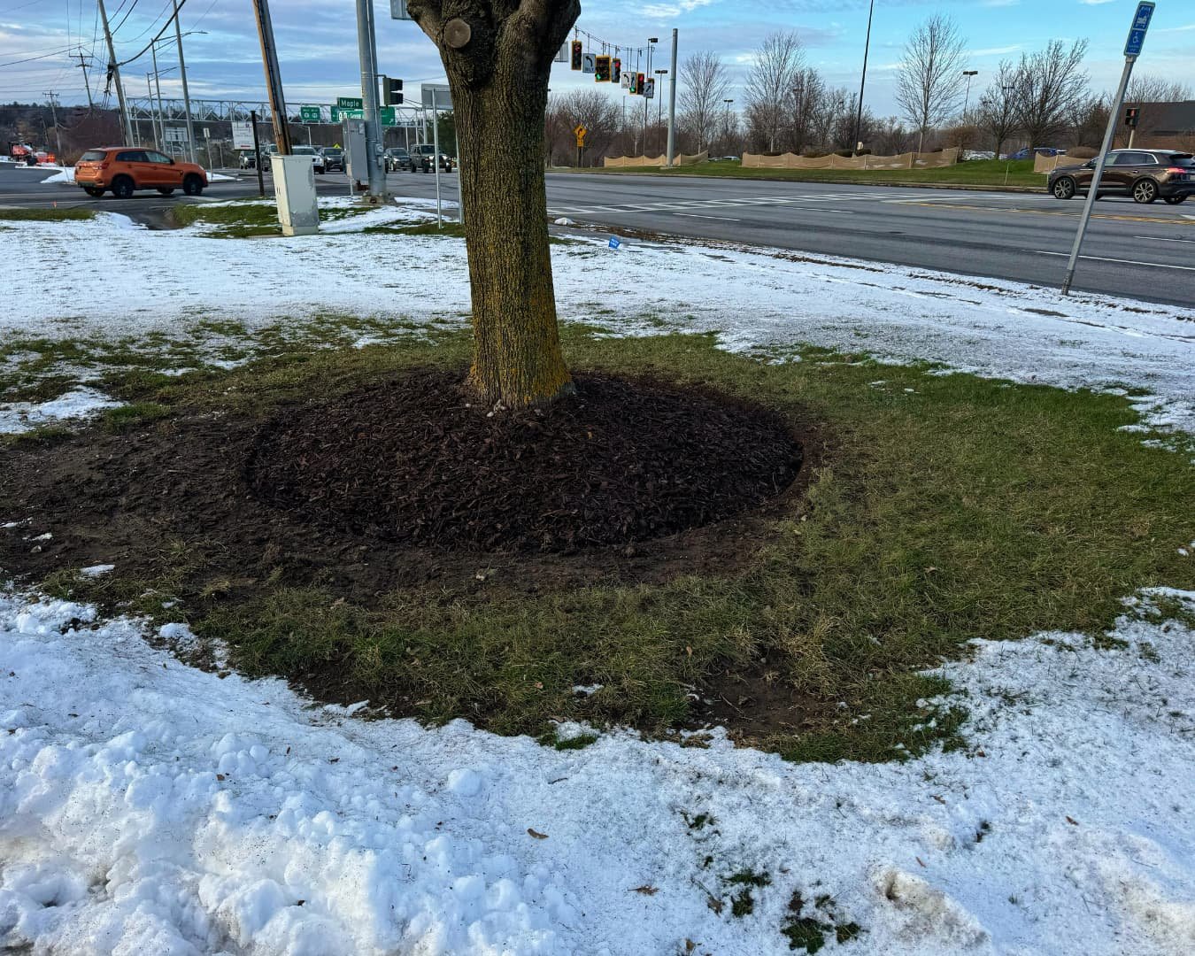 Parking lot island with river rock at Citizens Bank completed by Pines and Pavers in Cicero, New York.