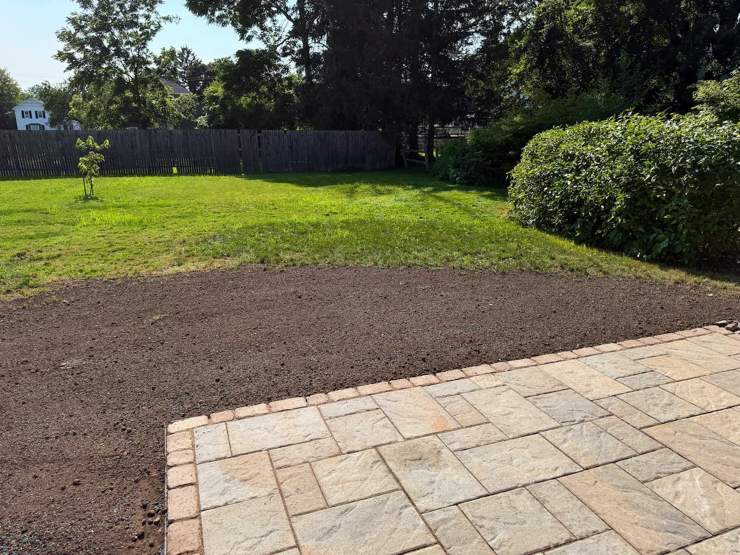Curved backyard garden bed with fresh mulch, shrubs, and plantings in Central New York.