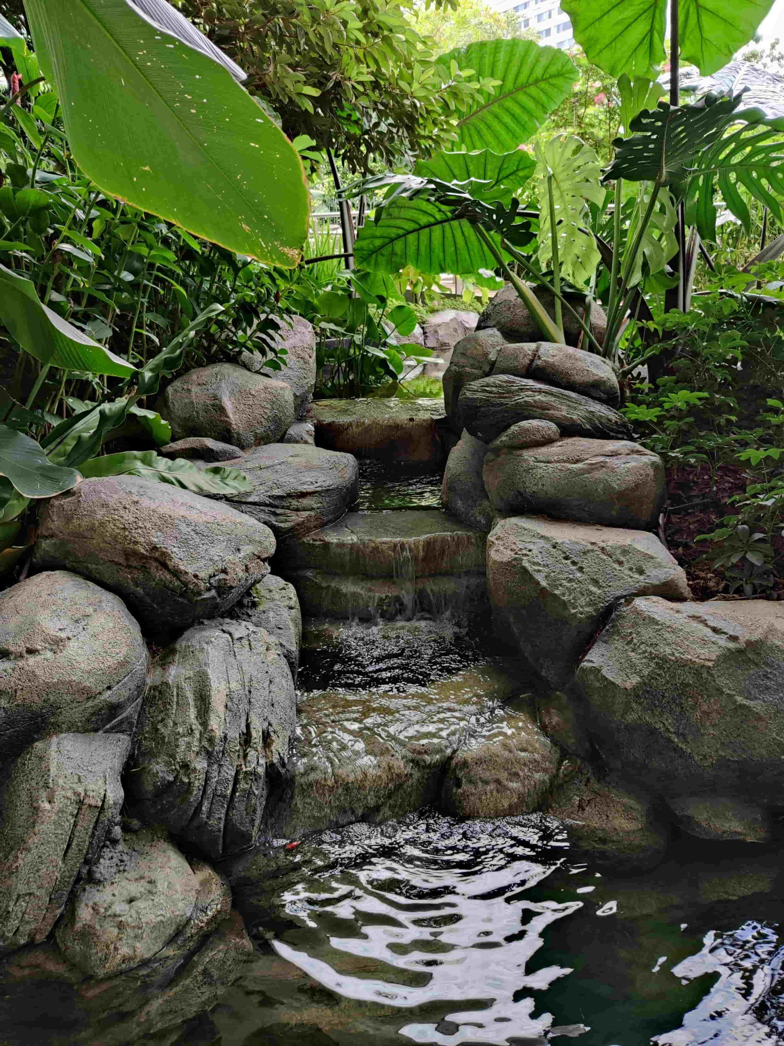 Custom garden stream water feature with natural stone and lush greenery