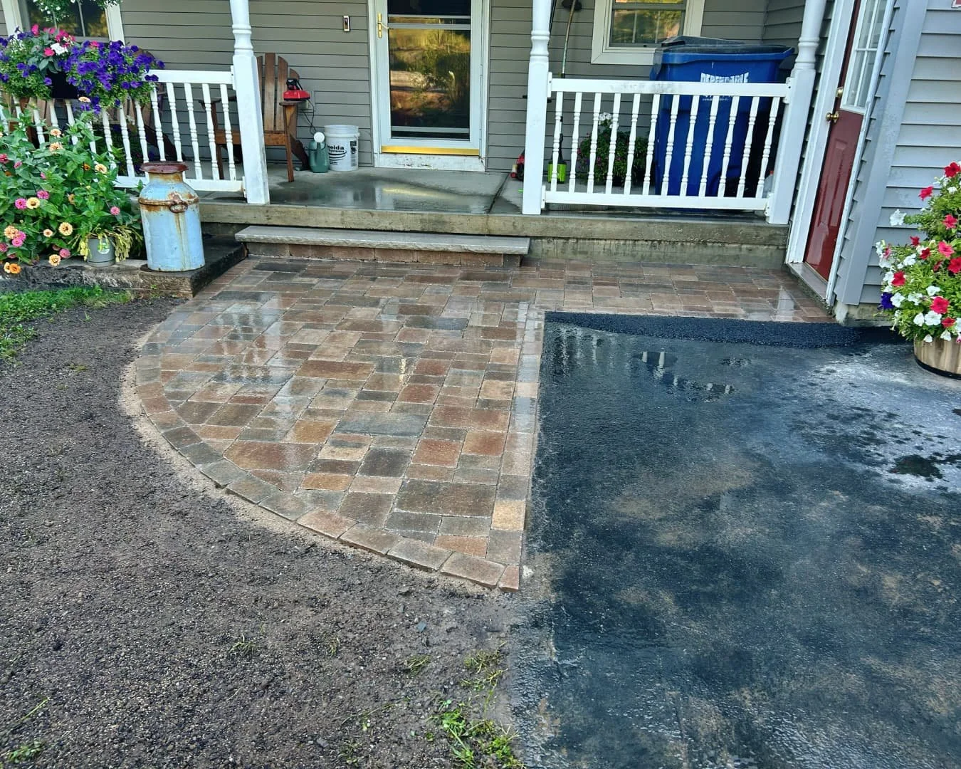 Paver entry area by the front porch completed by Pines and Pavers in Camillus, New York.