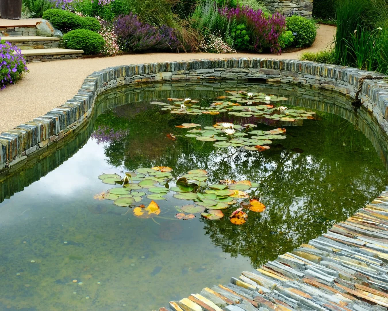 Water feature inspiration featuring a lily pond with stone edging and a landscaped garden setting.