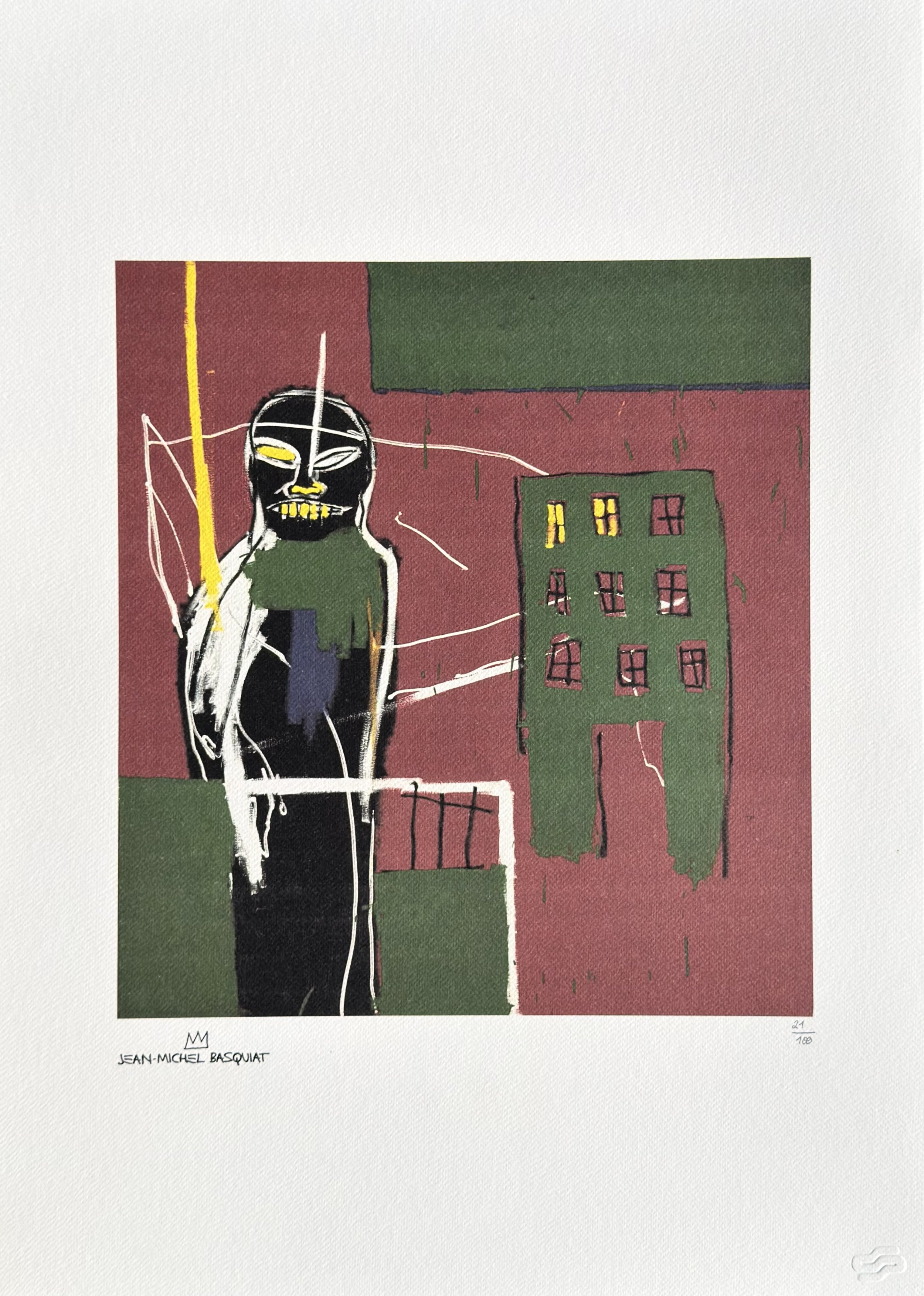 Jean-Michel Basquiat Pedestrian 2 1984 Lithograph 21/100. Urban Alienation, African Mask Iconography, Neo-Expressionist Masterpiece, Artquia Vault Collection.