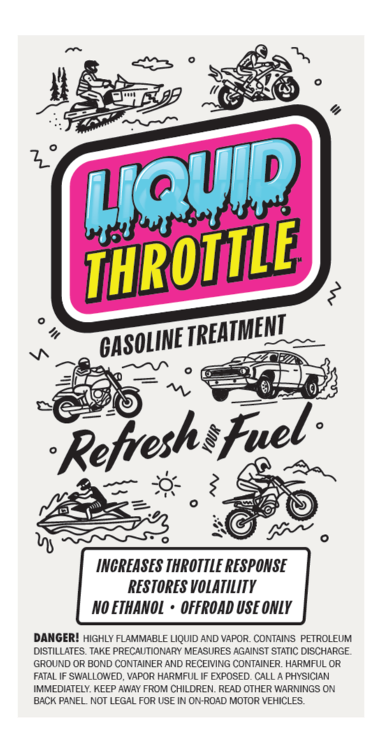 A promotional poster for Liqu Throttle gasoline treatment, featuring black and white illustrations of various outdoor and off-road activities, riding a motorcycle, driving a car, riding a jet ski, and off-road motorcycle riding. The poster emphasizes refreshing fuel, increasing throttle response, restoring volatility, and is for off-road use only.