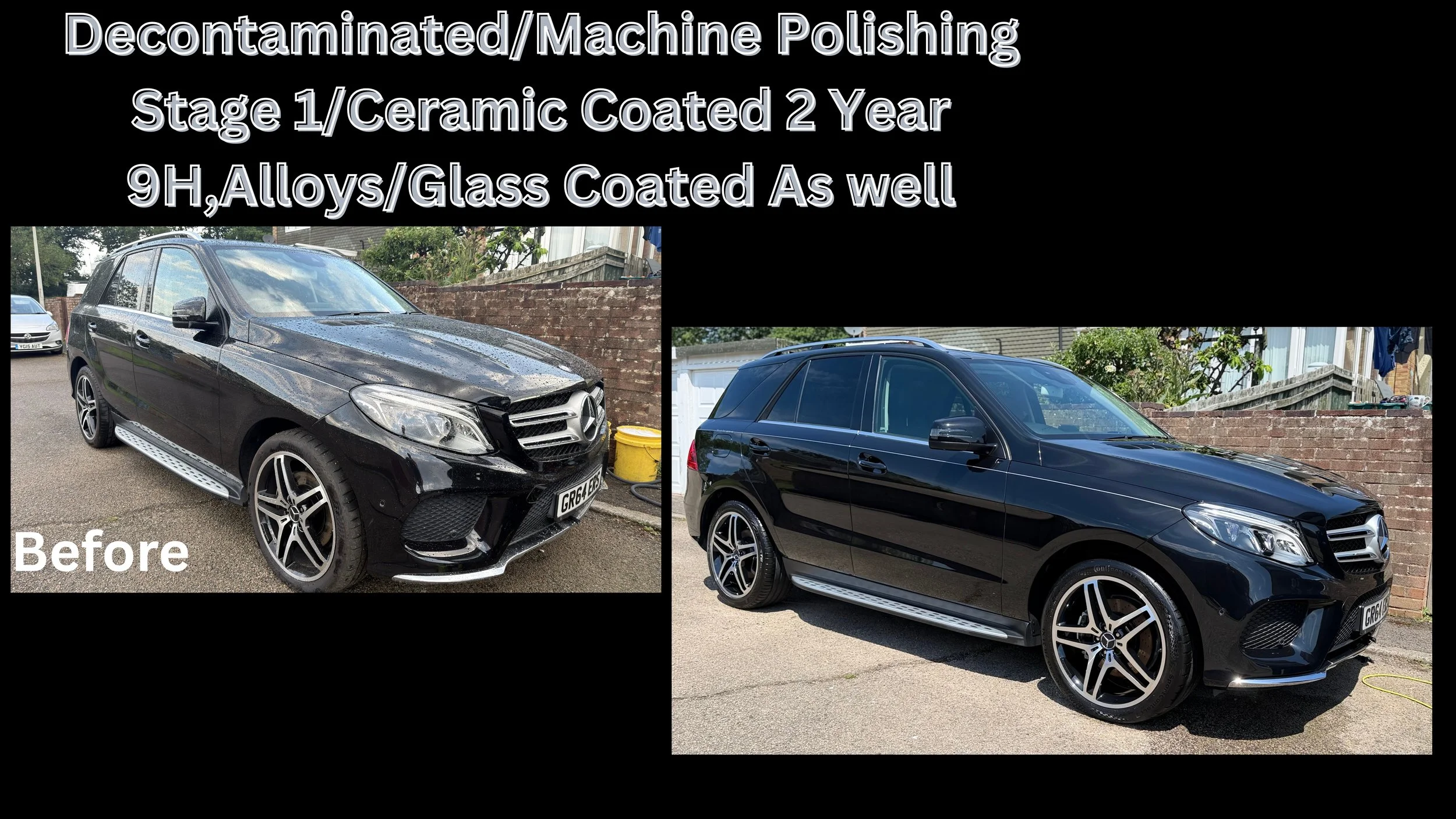 Comparison of a black Mercedes-Benz SUV before and after decontamination and ceramic coating treatment. The left side shows the vehicle with dirt and contaminants, while the right side shows the clean, shiny car after the treatment.