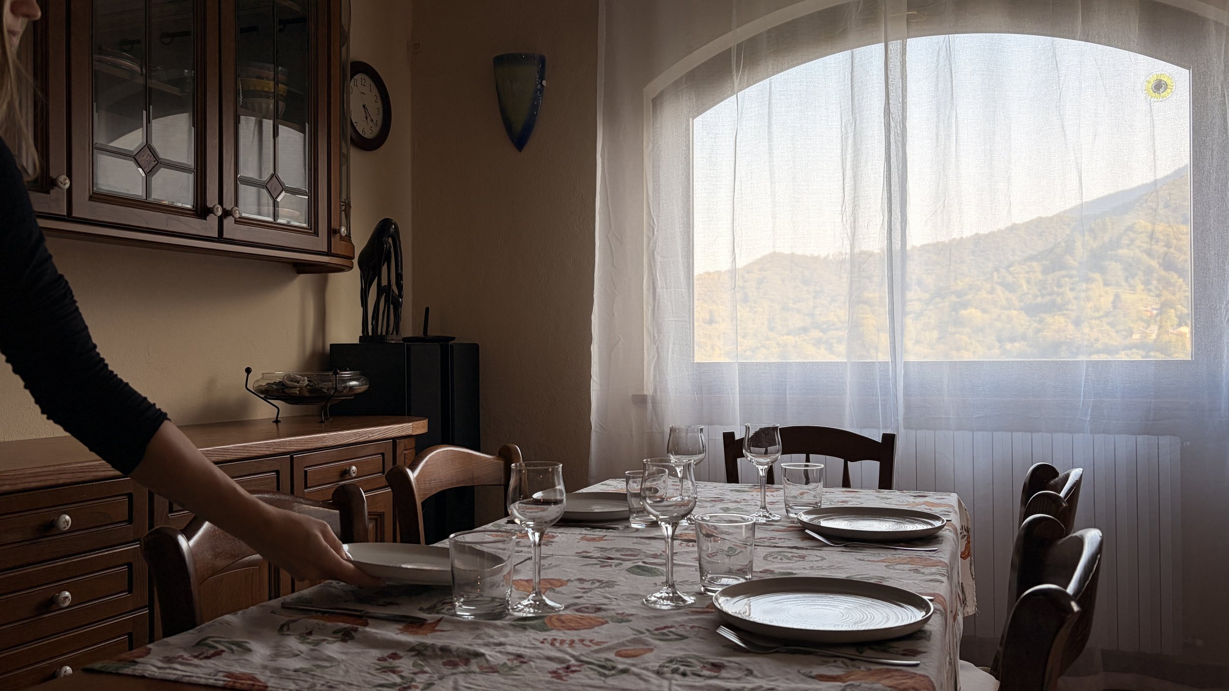 Sala da pranzo con un tavolo apparecchiato con piatti, bicchieri e posate, decorato con fiori rosa in vasi neri, e una grande finestra con vista su colline verdi.