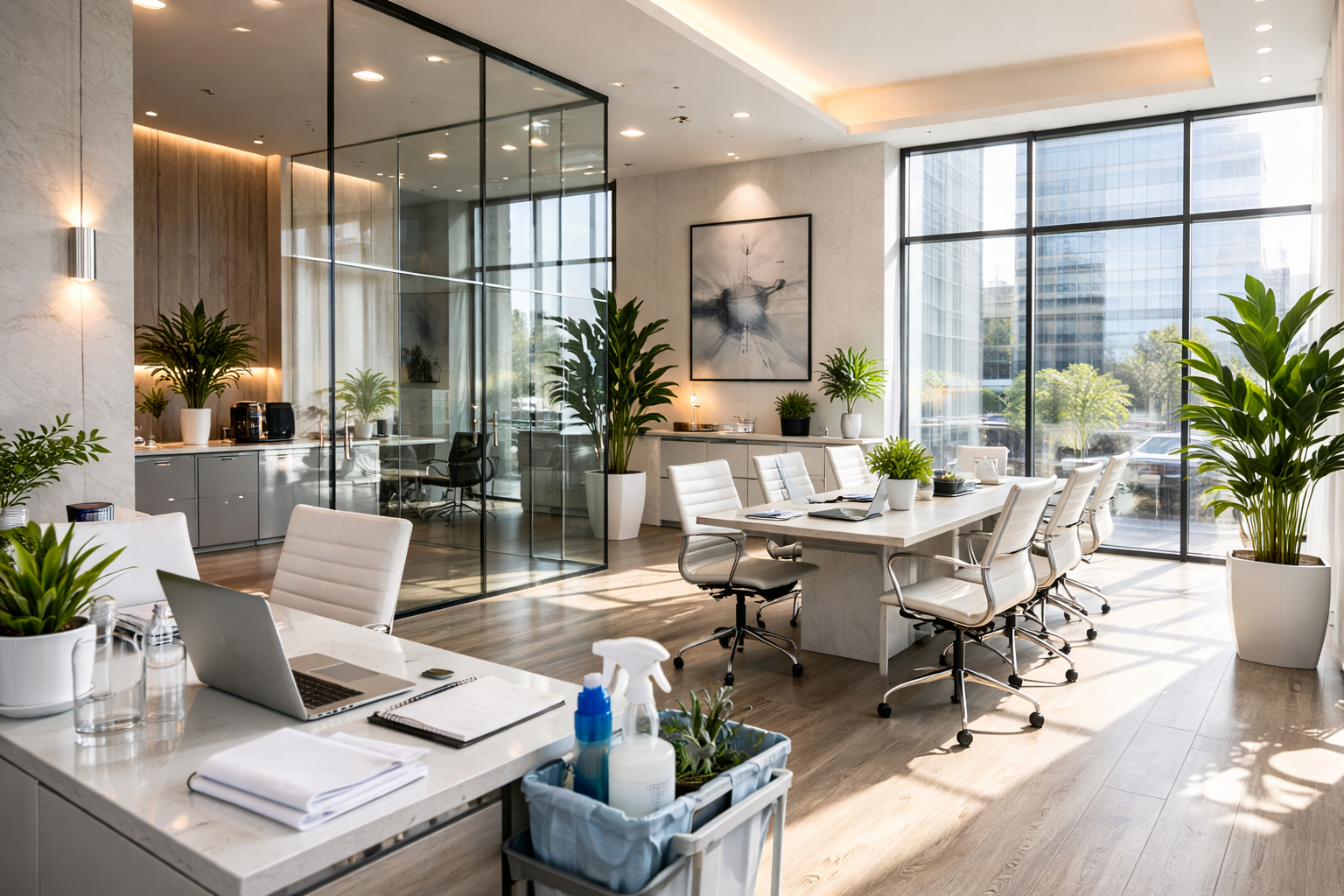Modern conference room with large floor-to-ceiling windows, white chairs around a long table, indoor plants, and abstract art on the wall.