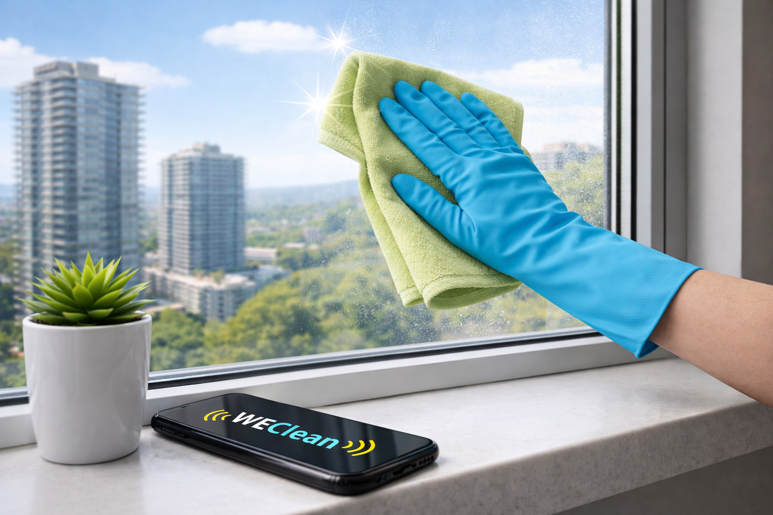 Person wearing a blue glove cleaning a window with a green cloth, with a cityscape of tall buildings and trees outside, a potted plant on the windowsill, and a smartphone displaying 'WEClean' in white and blue letters.
