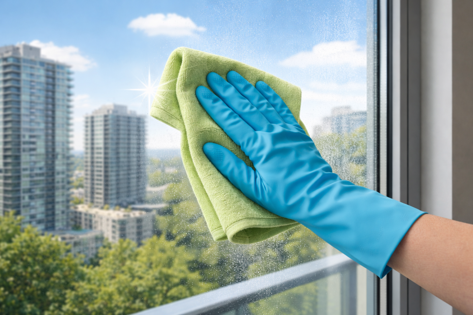 A person wearing a blue rubber glove cleaning a glass window with a green microfiber cloth. The window shows a cityscape with high-rise buildings and trees outside under a partly cloudy sky.