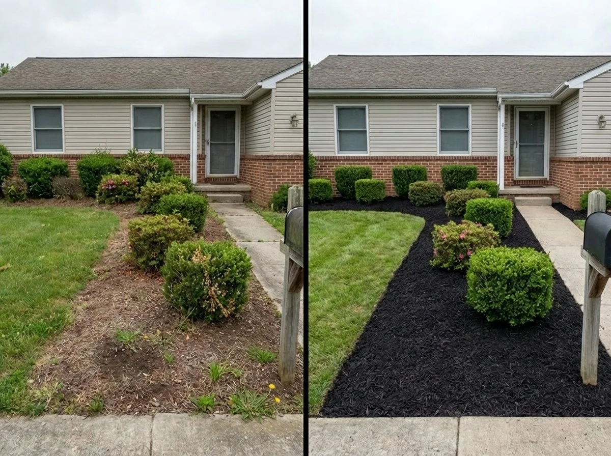 A before and after transformation of a garden bed featuring crisp hand-turned edging and fresh dark brown mulch in a Bucks County residential yard.