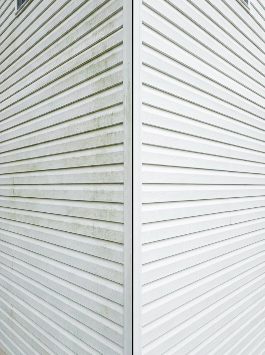 Professional soft-wash house cleaning in Bucks County - Before and after removal of algae and organic growth from vinyl siding | PureScape