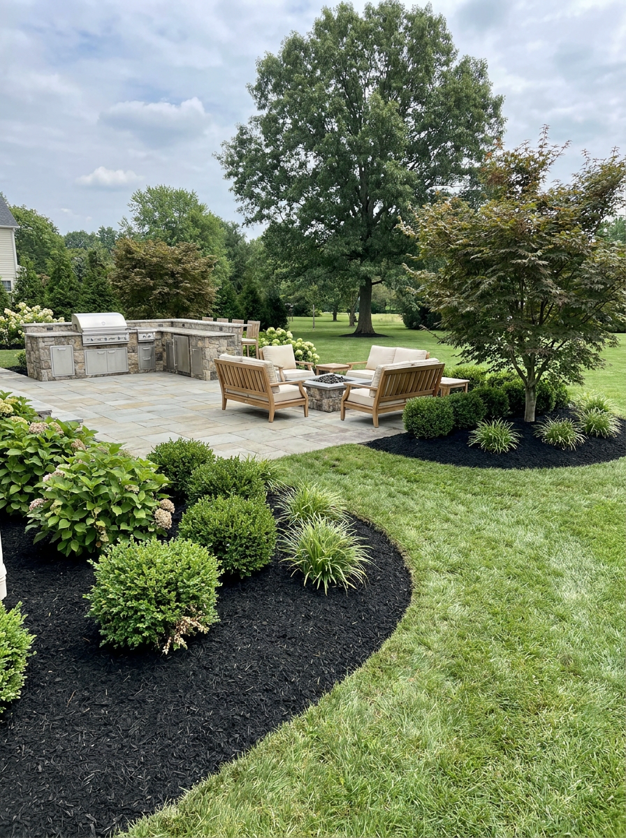 Backyard mulching in Southampton PA with fresh black mulch and clean landscape beds
