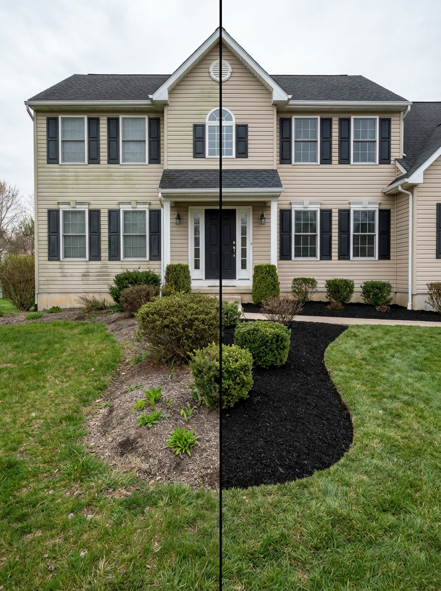 Before and after of the PureScape Refresh Package in Bucks County featuring a professional house soft-wash and precision landscape bed edging with mulch.