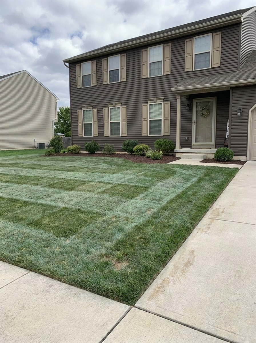 Checkerboard lawn mowing pattern in Warrington PA with wide stripes and professional finish