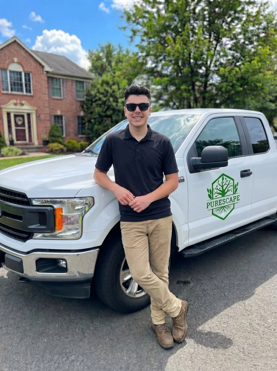 PureScape owner standing with the professional service truck in Bucks County, ready to provide a free estimate for house washing and landscaping.