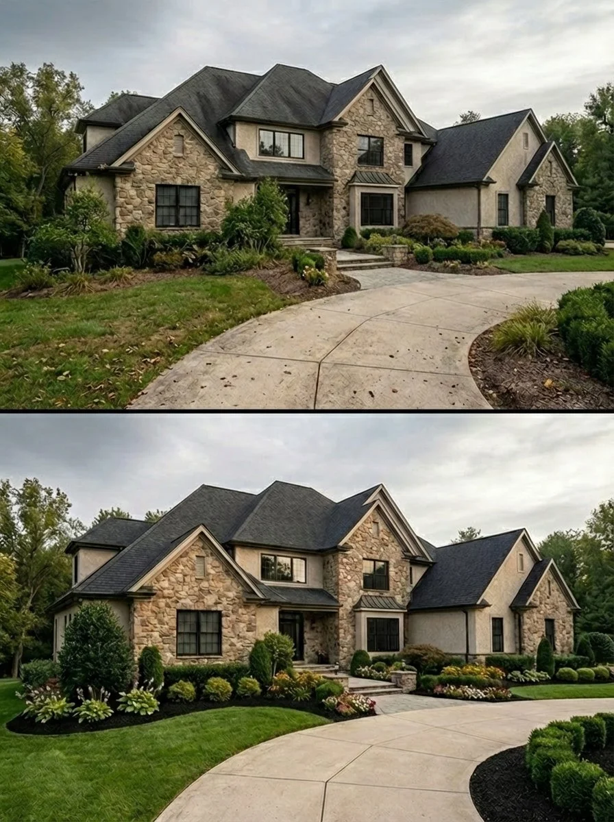 Incredible before and after of the PureScape Signature Package. The ultimate Bucks County property transformation with elite cleaning and landscape detailing.