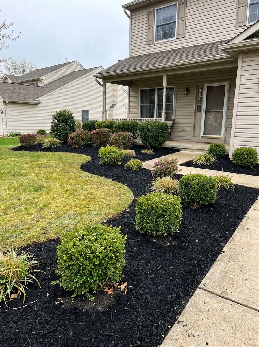 Backyard mulching in Southampton PA with fresh black mulch and clean landscape beds