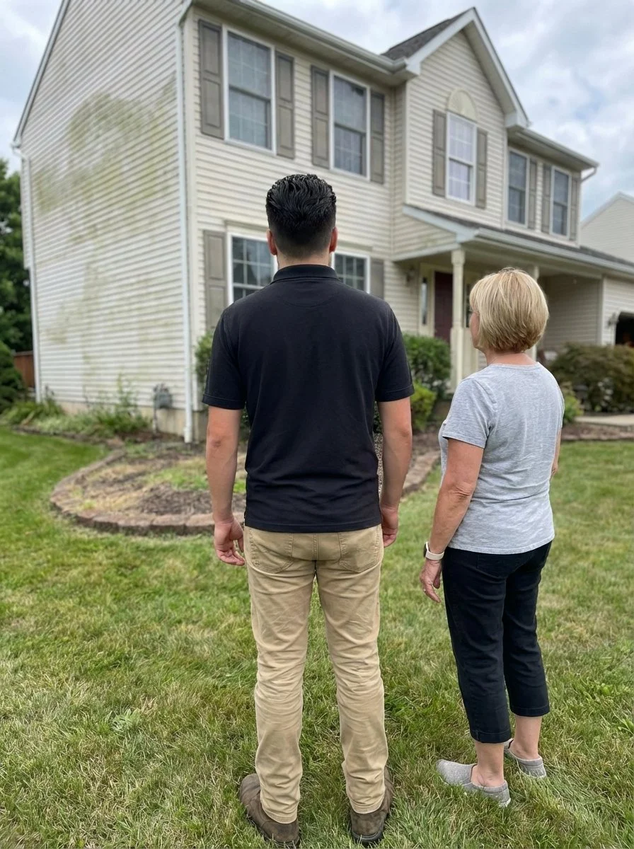 PureScape owner providing a professional on-site estimate and expert advice to a Bucks County homeowner regarding property cleaning and landscape restoration.