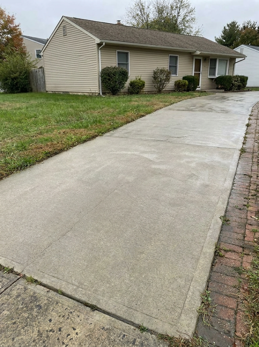 Clean concrete driveway after power washing in Southampton PA with natural finish and slight water spots