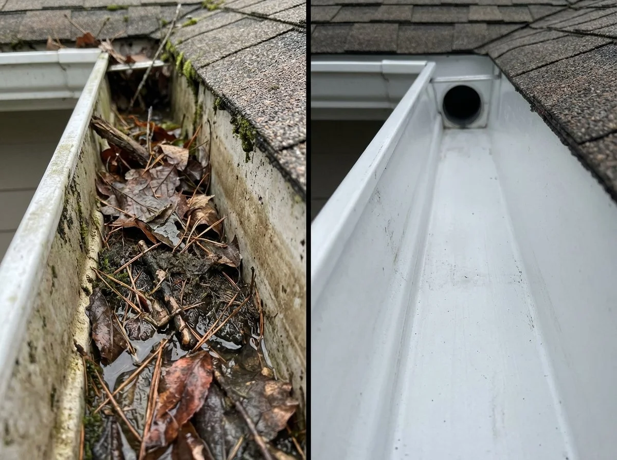 A before and after view of a residential gutter cleaning service in Bucks County, showing a gutter full of leaves and debris cleared to a perfectly clean and functional state.