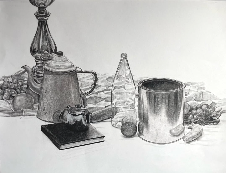 "Greyscale Still Life," Graphite & Charcoal on Paper, 20 x 30in, 2023.